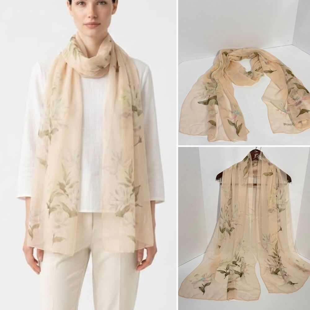 Vintage Echo Signature Silk Scarf Cream Floral Border Rectangular Scarf 74 x 18